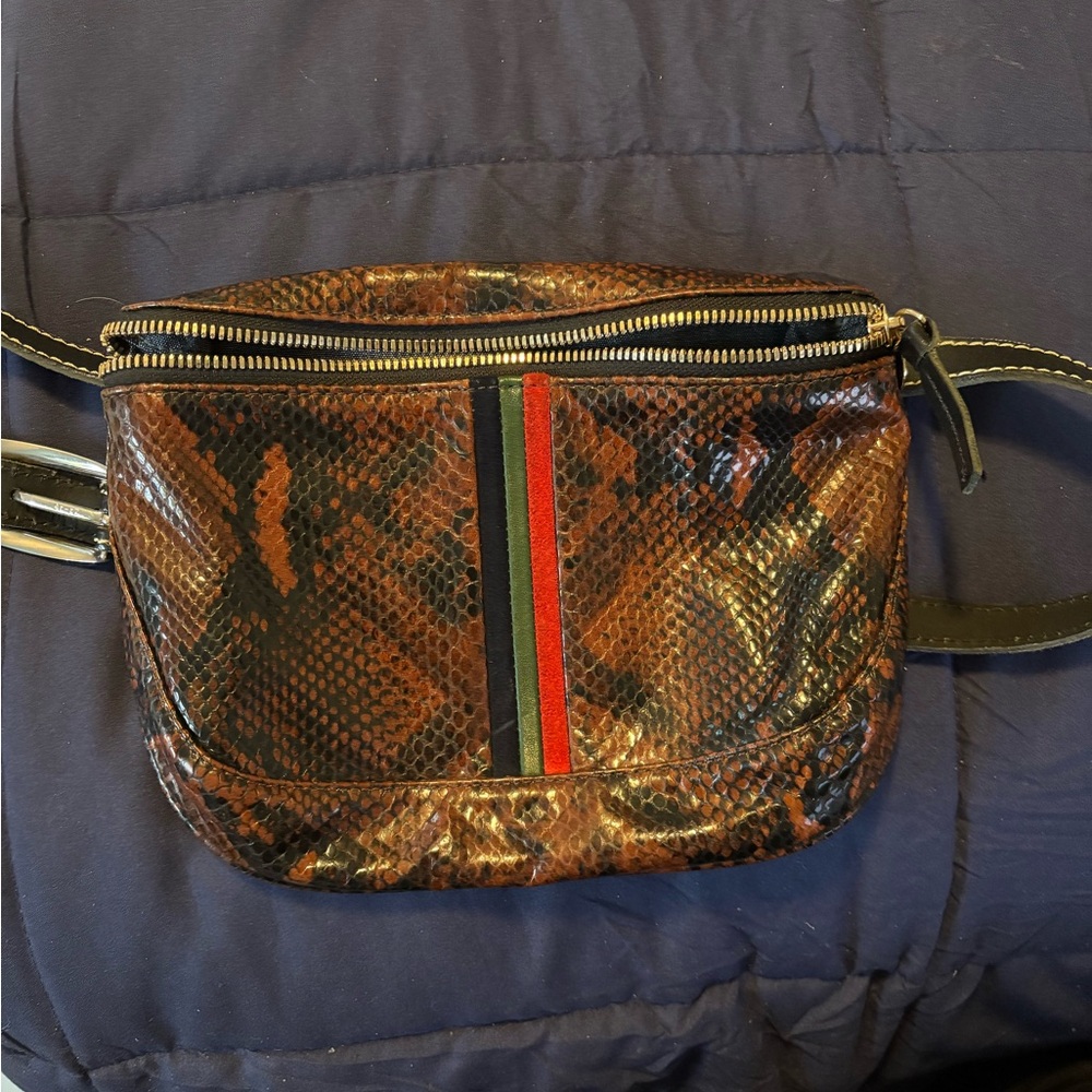 Clare V. Embossed Brown Snakeskin Leather Belt Bag